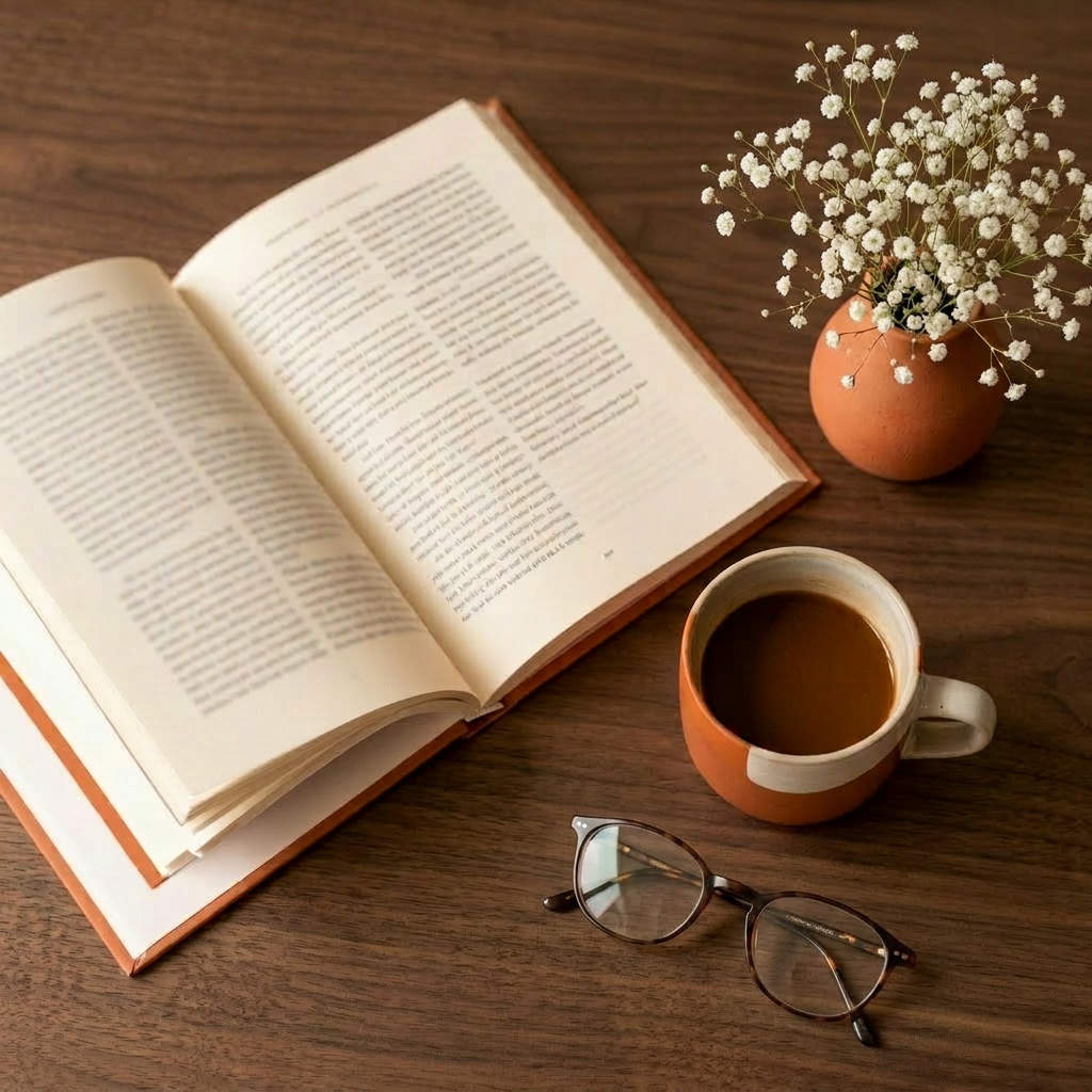 An open book with a cup of tea in soft window light